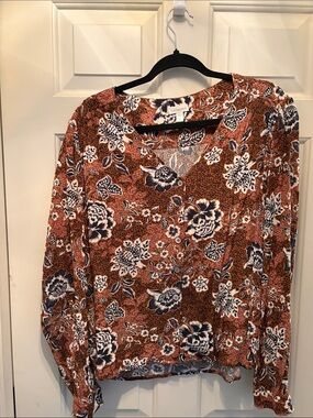 Garnet Hill Rust Floral V-Neck Long Sleeve Top